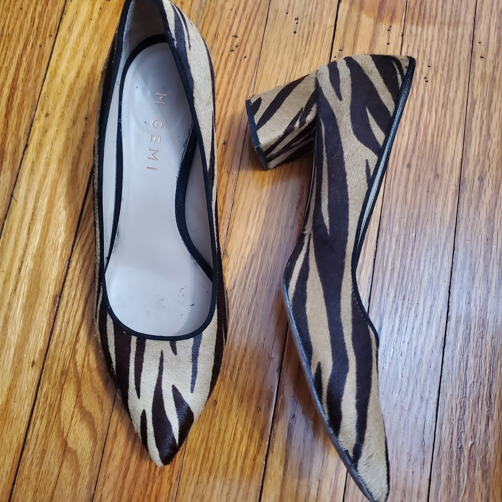 M GEMI CALF HAIR LEATHERS Zebra Print Block Heels Womens Sz 8.5